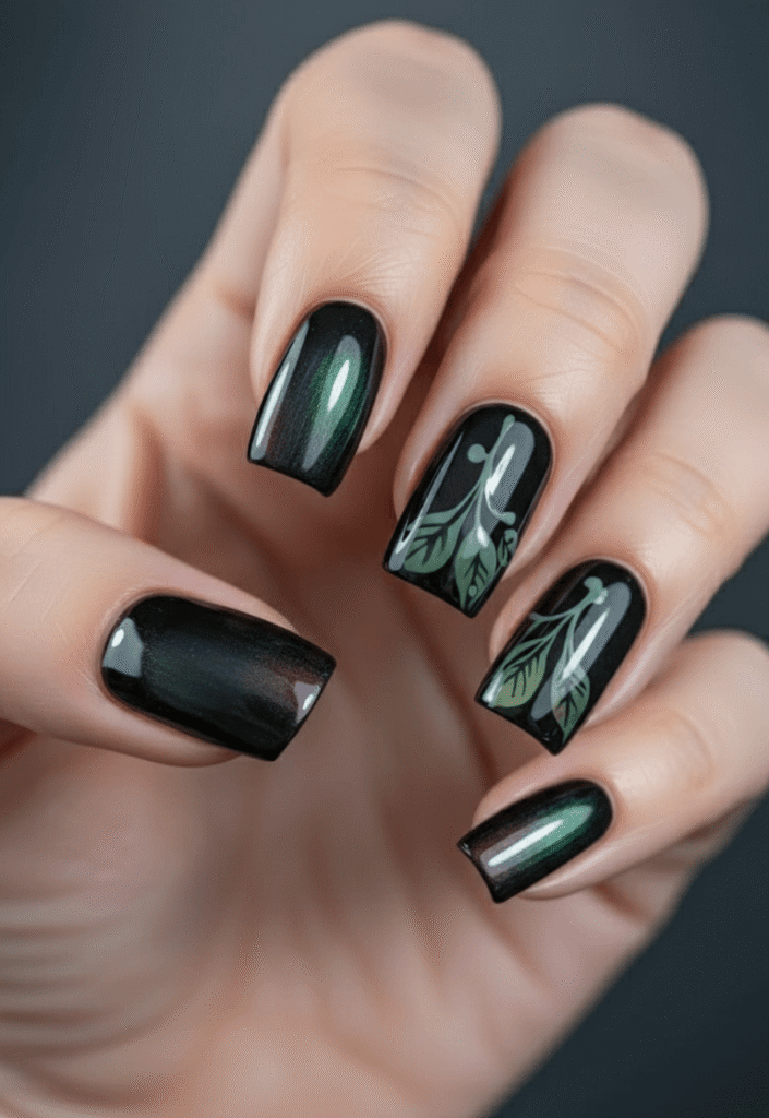 Black Chrome Nails With Green Leaf Art