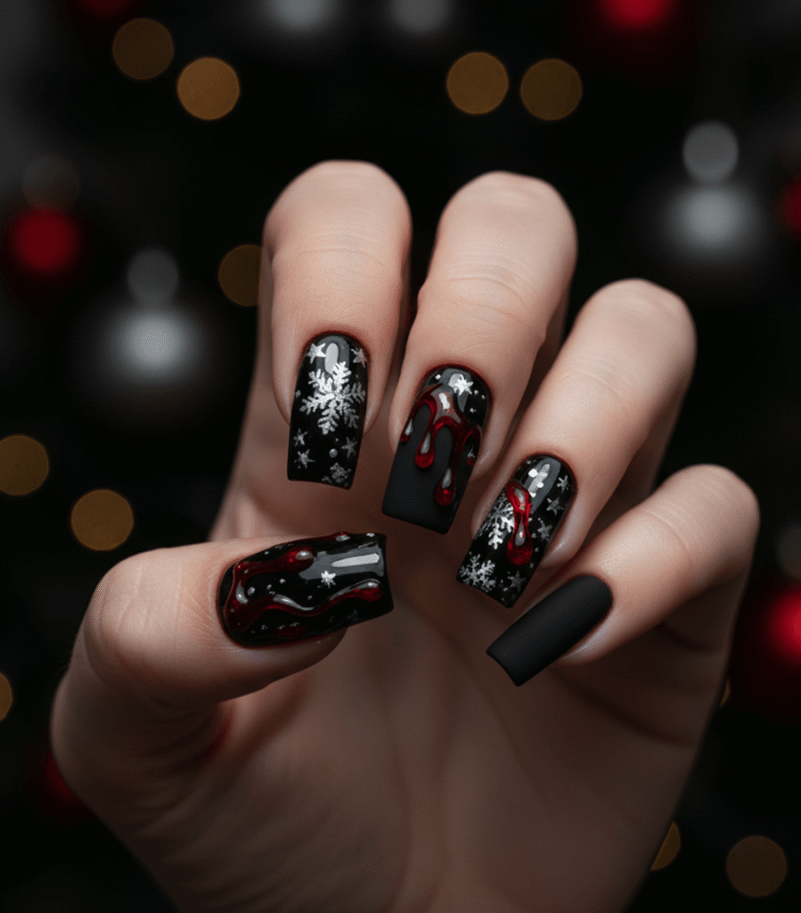 Black Glossy Holiday Manicure With Blood Red Drips & Snowflakes