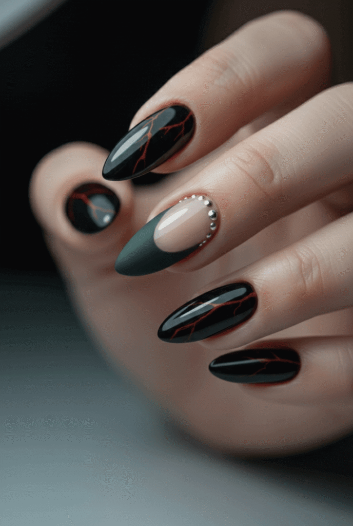 Black and Green Winter Manicure With Red Veins & Studs