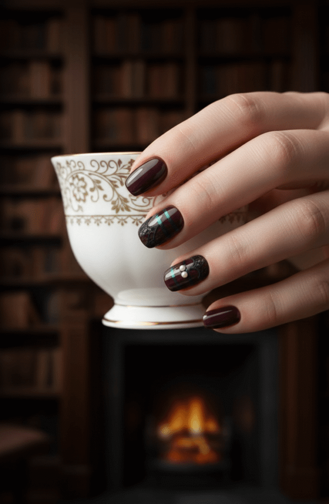 Burgundy Christmas Nails With Plaid, Lace, and Pearl Accents