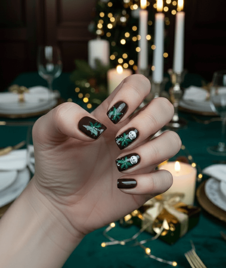 Burgundy Holiday Nails With Green Ribbon & Bow Designs