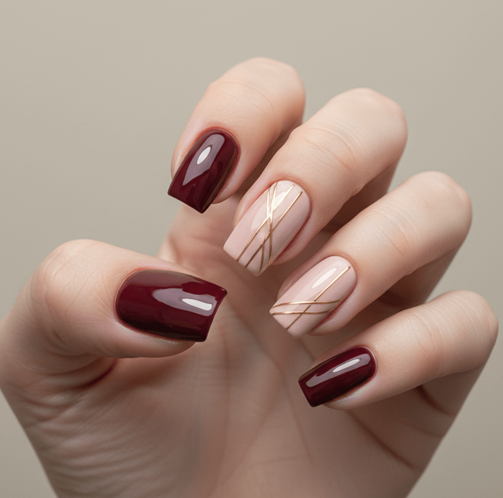 Elegant Burgundy and Nude Nail Design