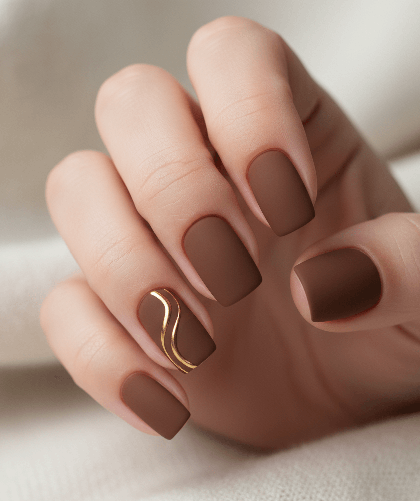 Elegant Matte Brown Nails with Gold Accents