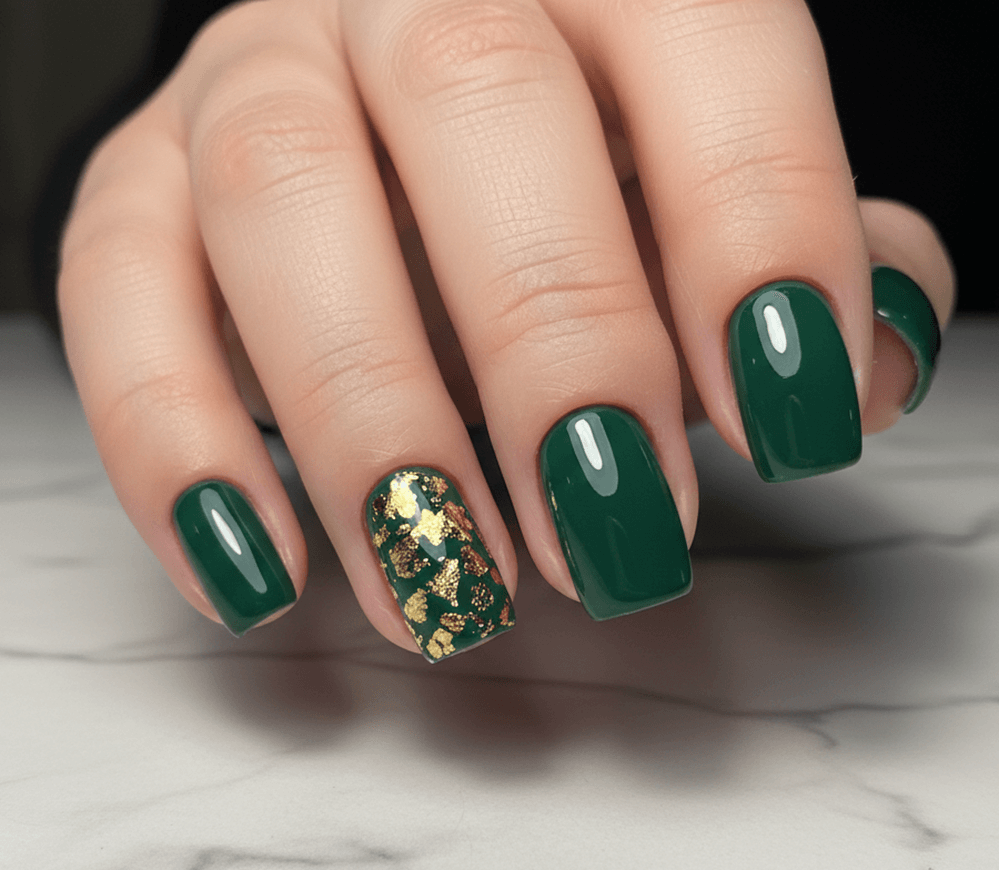 Emerald Green Nails With Gold Foil