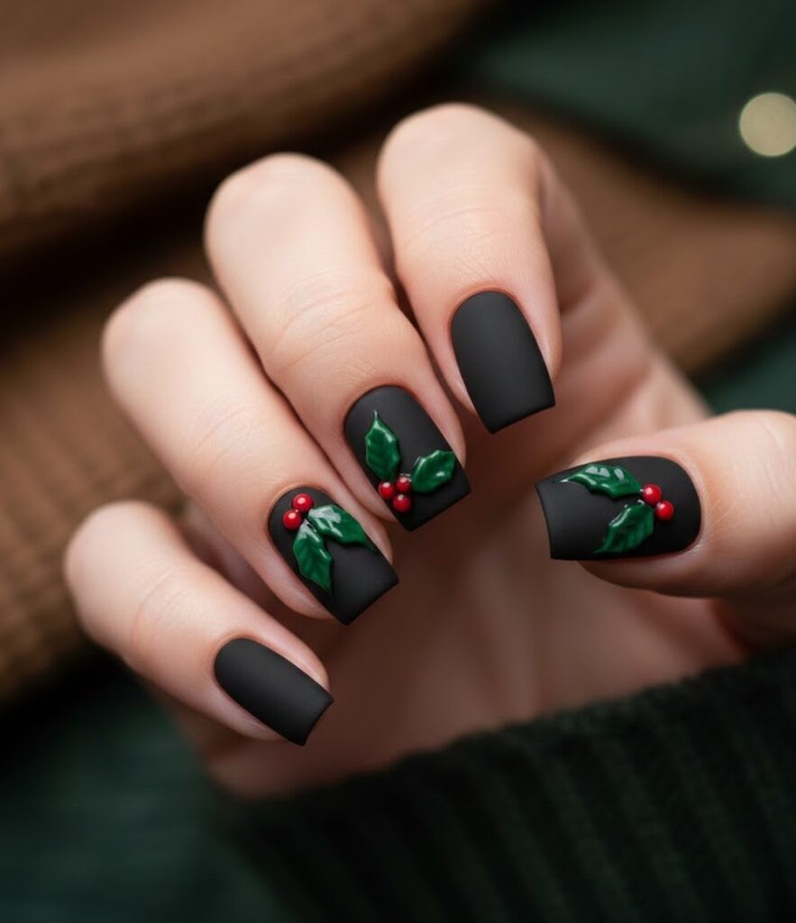 Matte Black Christmas Nail Art With 3D Holly Leaves