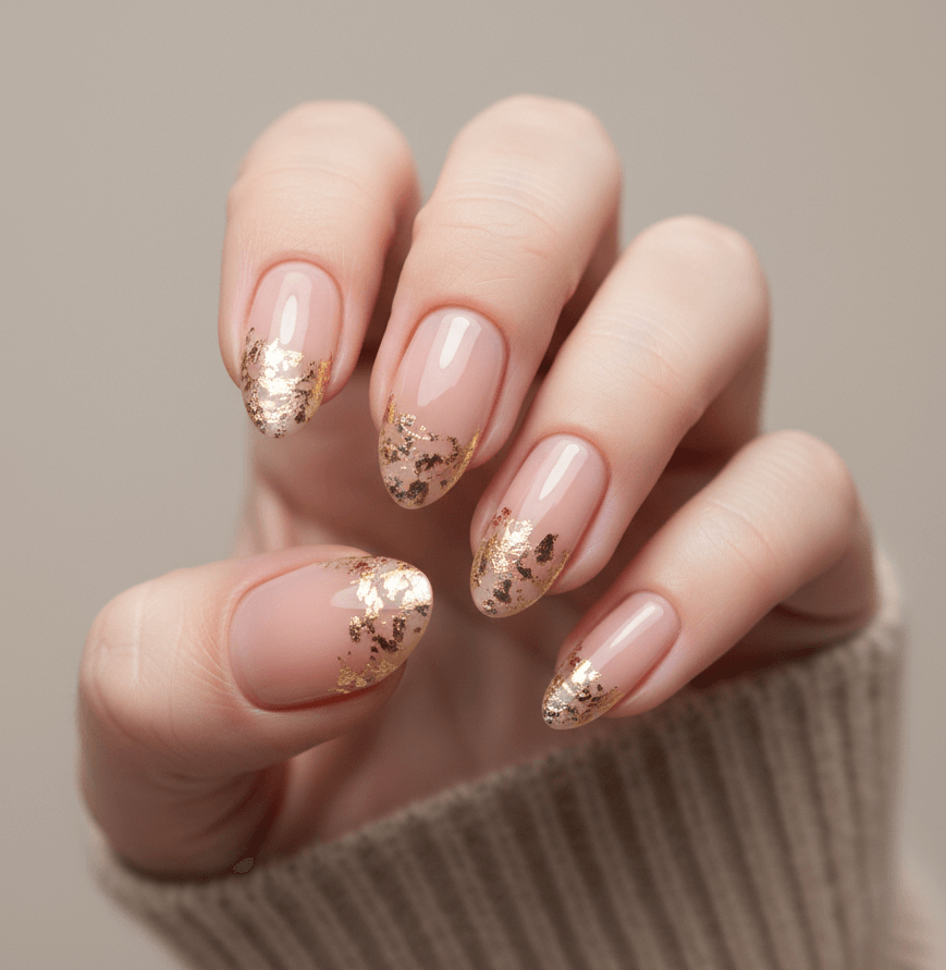 Nude Almond Nails With Gold Foil Tips