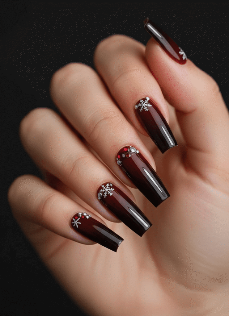 Red and Black Christmas Nails With Snowflakes & Rhinestones