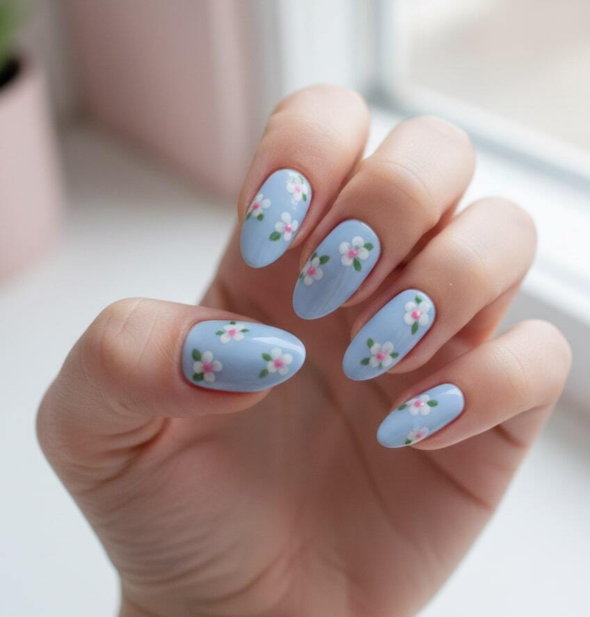 Blue Pastel Floral Nails