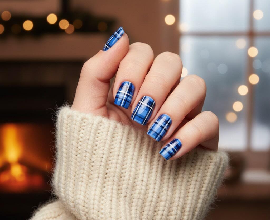 Blue Plaid Nails