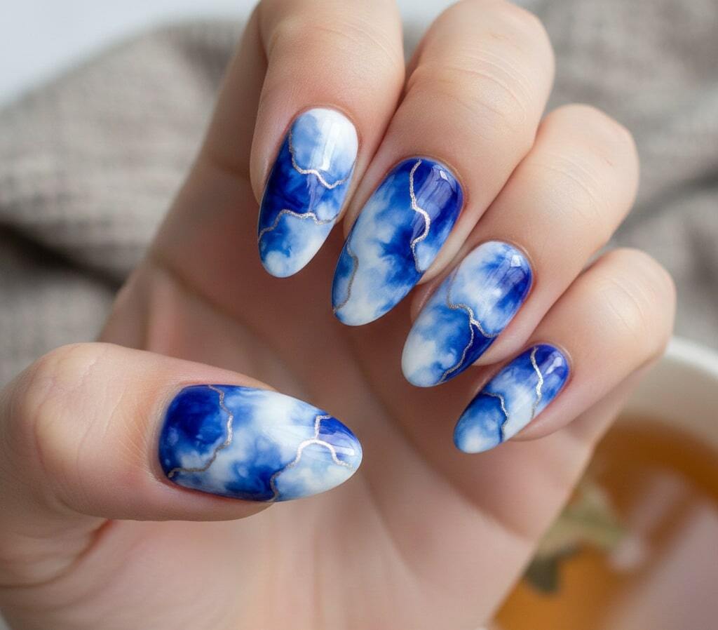 Blue Tie Dye Nails