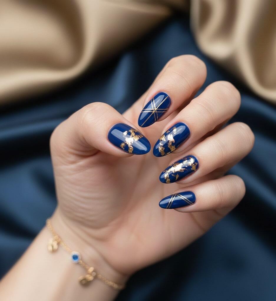 Blue and Gold Accent Nails