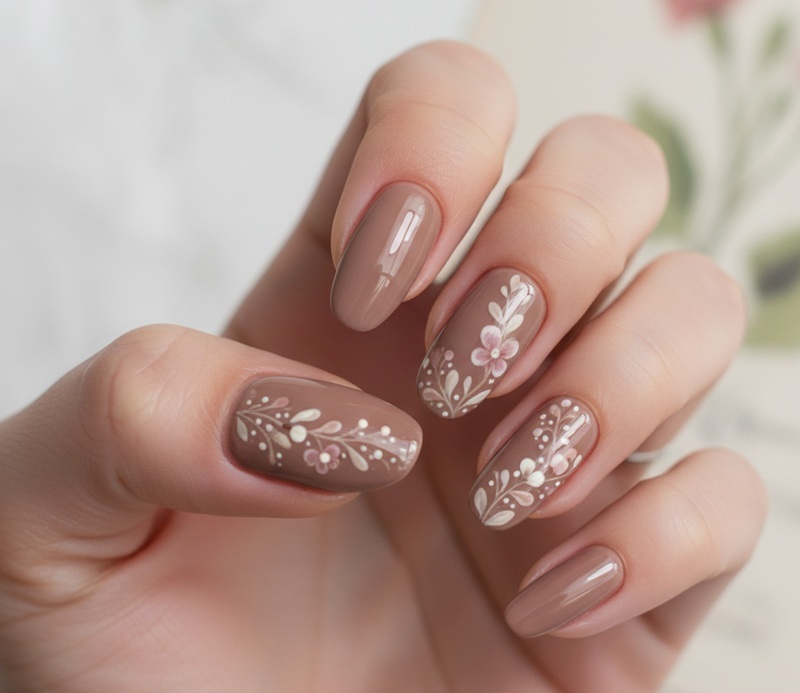 Brown Floral Nails