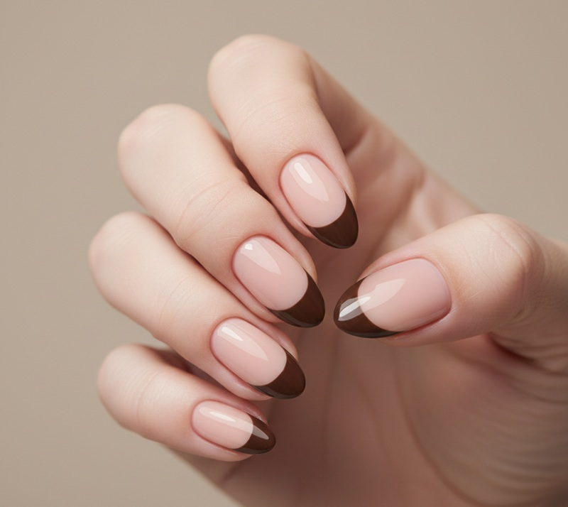 Brown and Nude Half-Moon Nails