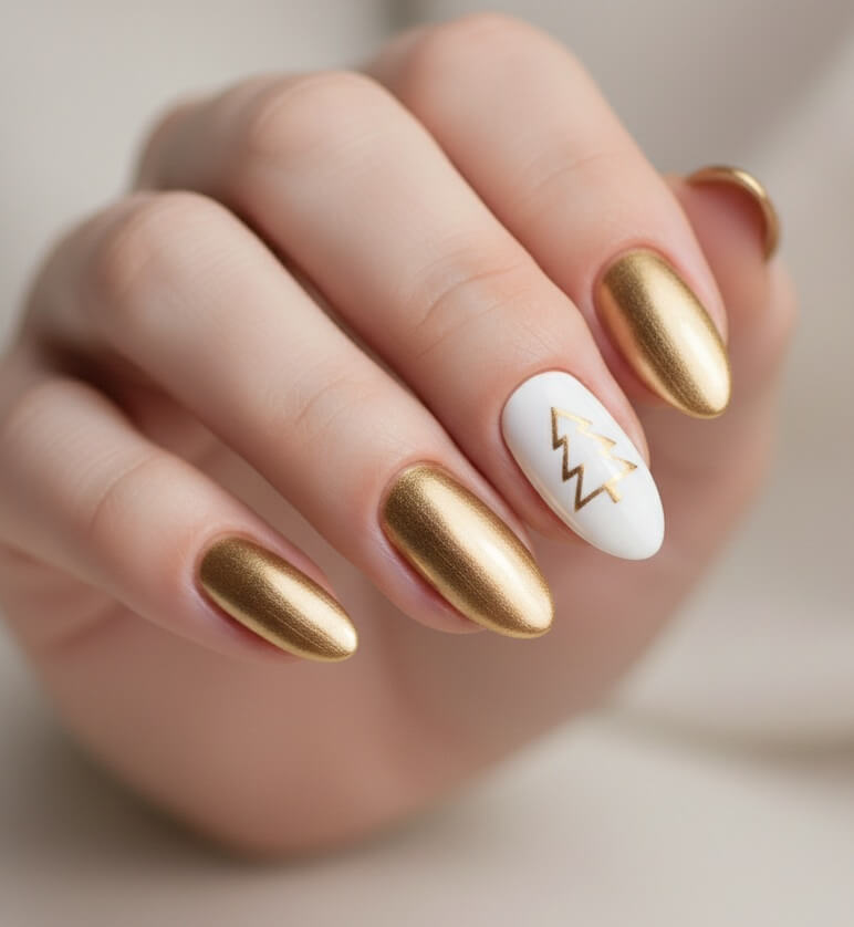 Elegant Gold Christmas Tree Nails
