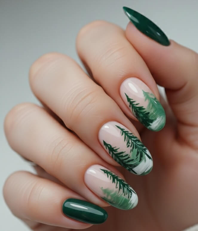 Forest Green Winter Tree Nails – Soft, Natural & Elegant