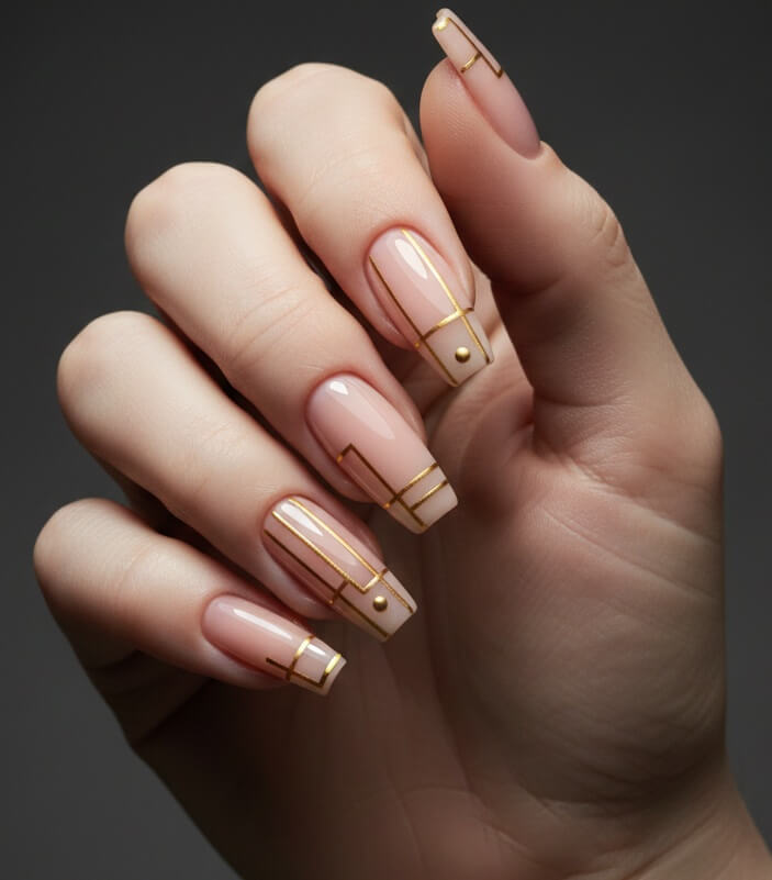 Nude Nails With Gold Outlines