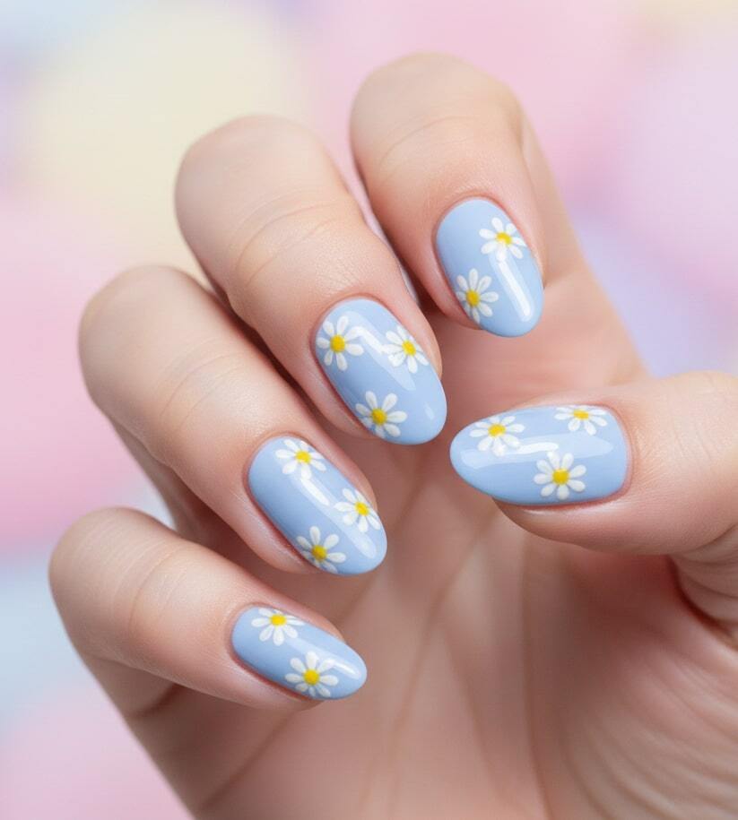 Sky Blue Daisy Nails