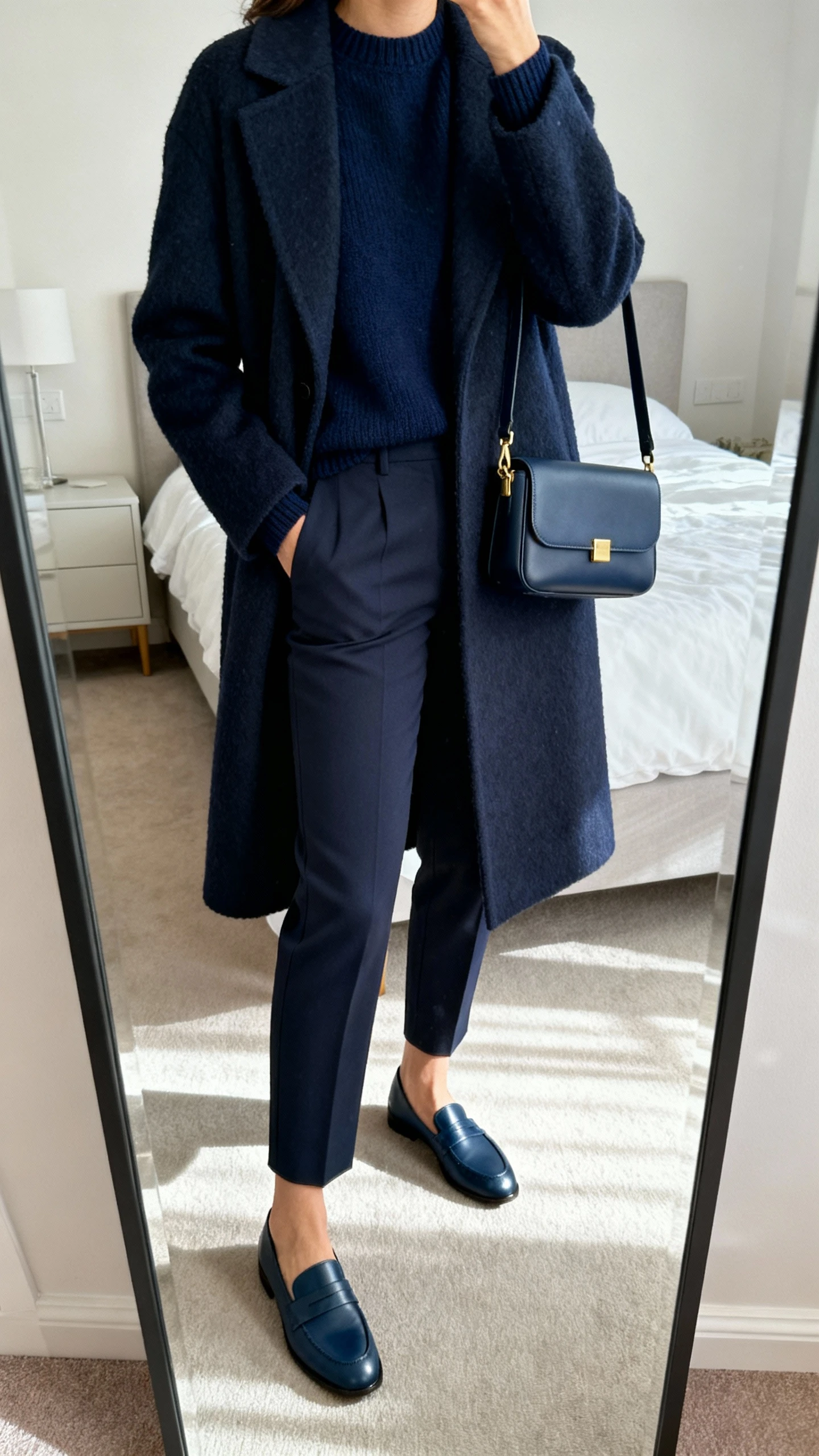 iPhone mirror selfie of a woman in an all-navy outfit: navy wool coat, navy crewneck sweater, navy tailored cigarette pants, navy loafers, and a small navy shoulder bag with minimal gold hardware, face not visible, cropped at neck, bedroom mirror, morning light, iPhone photo quality.