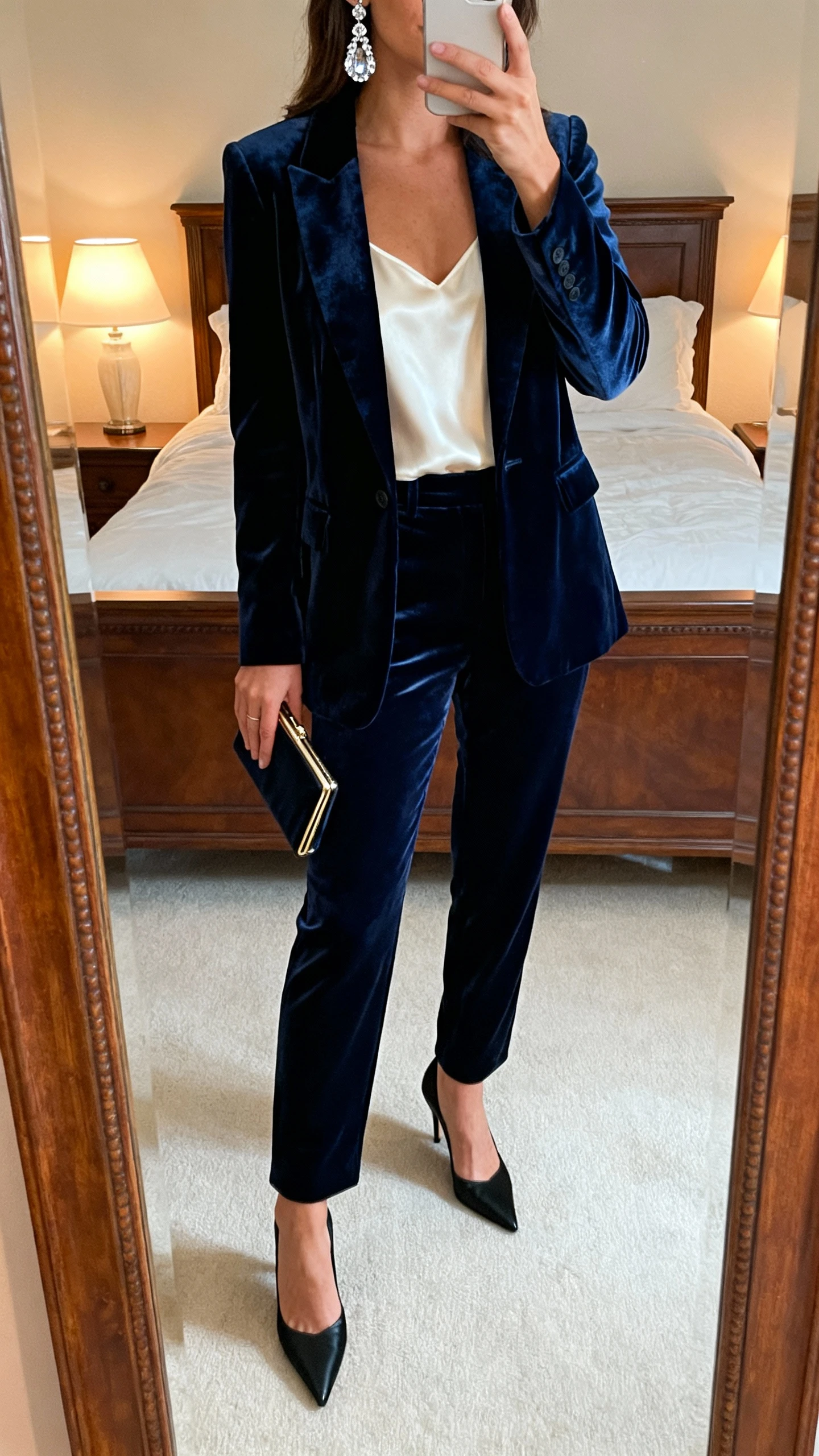 iPhone mirror selfie of a woman wearing a midnight blue velvet blazer with matching velvet tailored trousers, silk ivory camisole, black pointed heels, crystal drop earrings, and a slim evening clutch, face not visible, cropped at shoulders, bedroom mirror, soft evening lamp light, iPhone photo quality.
