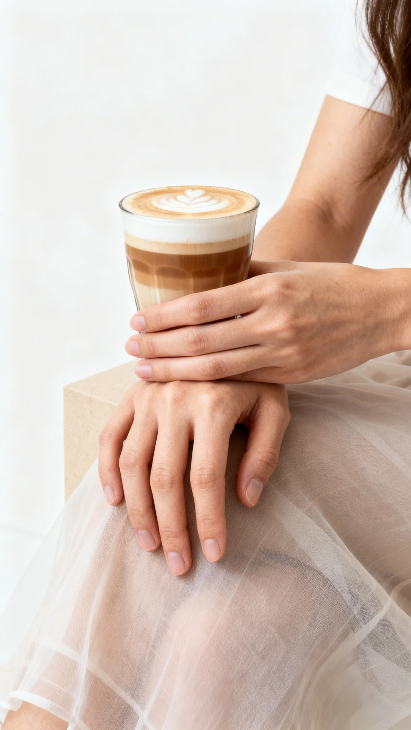 Editorial close-up of a woman’s hands featuring latte layers—sheer coffee tones stacked for subtle depth and warmth, white background, soft studio lighting, natural pose with hands resting on a minimalist prop, clean composition.