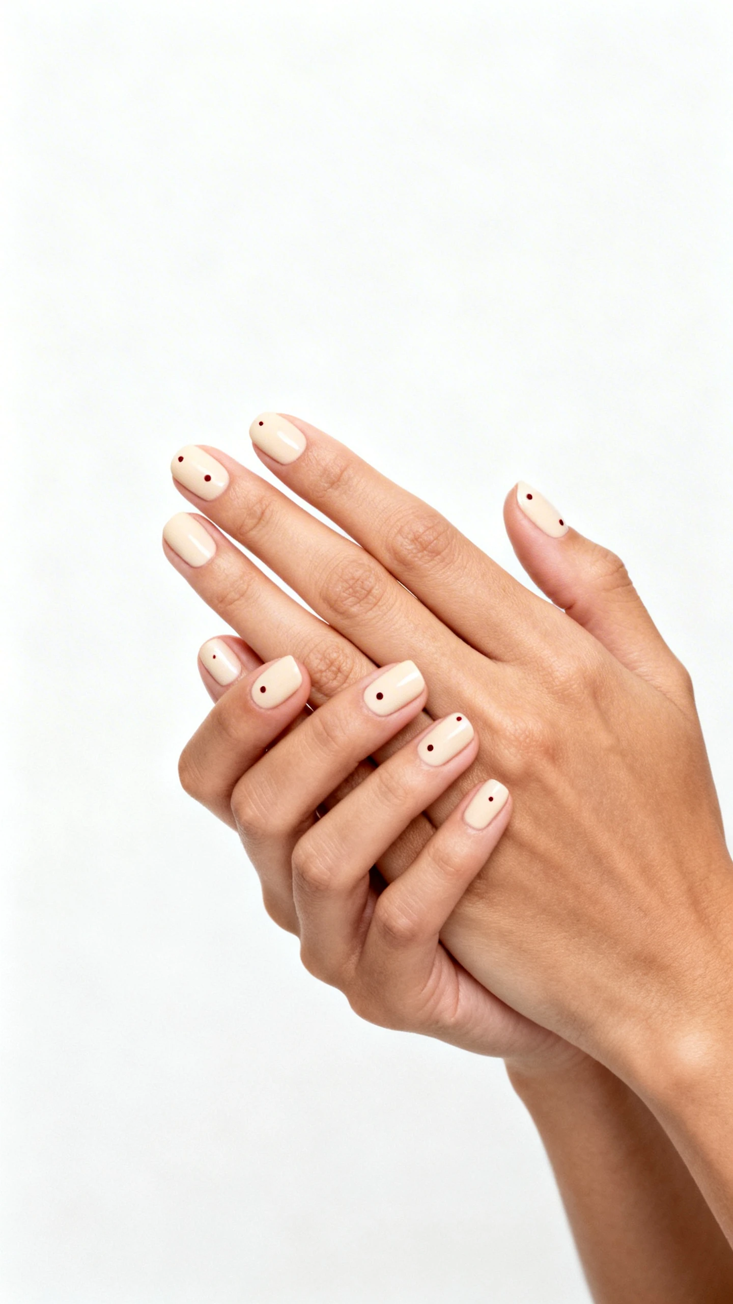 Editorial minimalist shot of a woman wearing a creamy base manicure with a single tiny dot accent on each nail, white background, soft studio lighting, hands lightly clasped at mid-frame, clean composition, magazine-quality clarity.