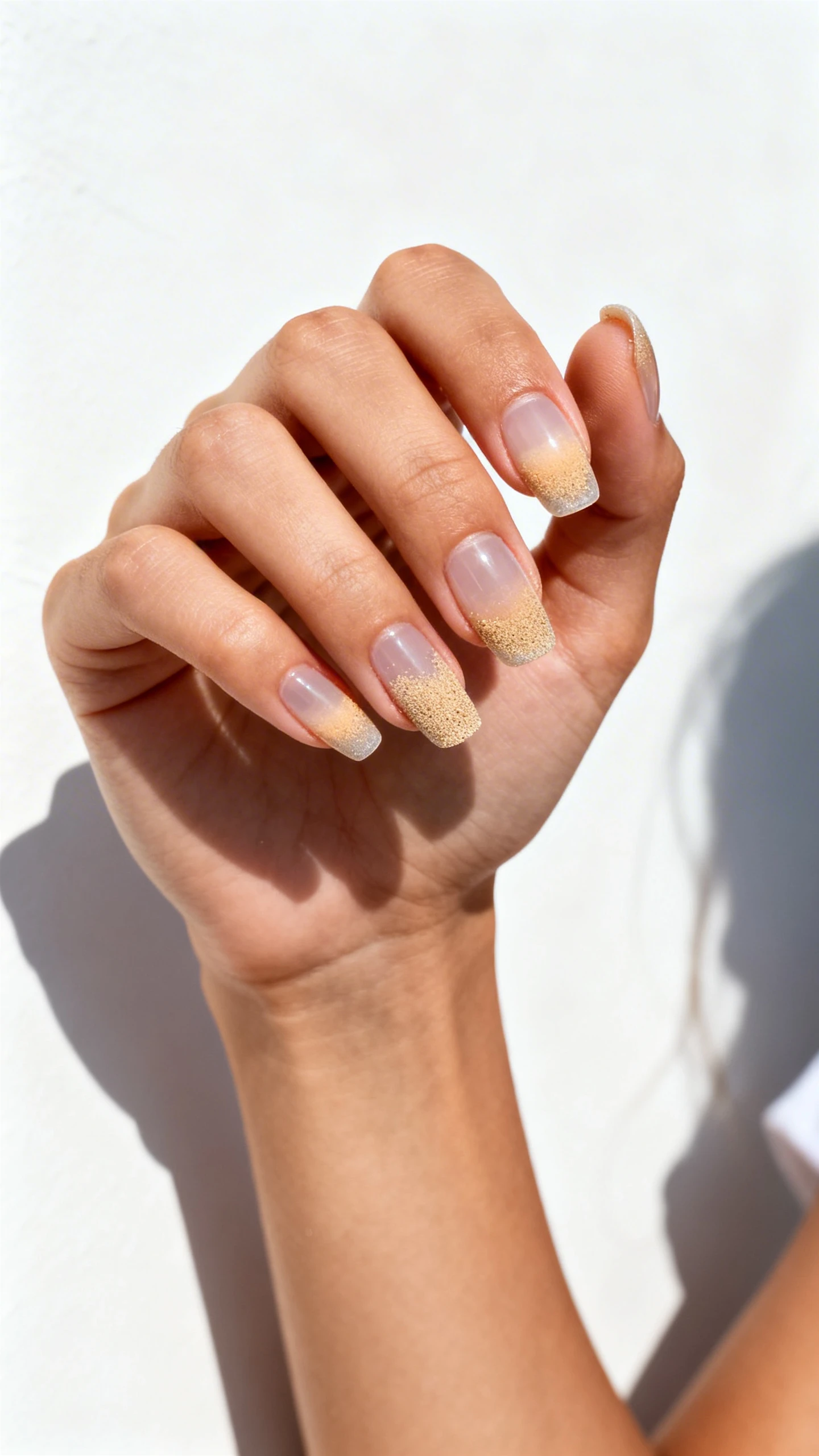 Editorial style photo of a woman with soft sand ombré nails—gradient from transparent base to sandy tip like beach light, white background, soft studio lighting, hand angled toward camera at three-quarter view, clean composition, fashion photography style.