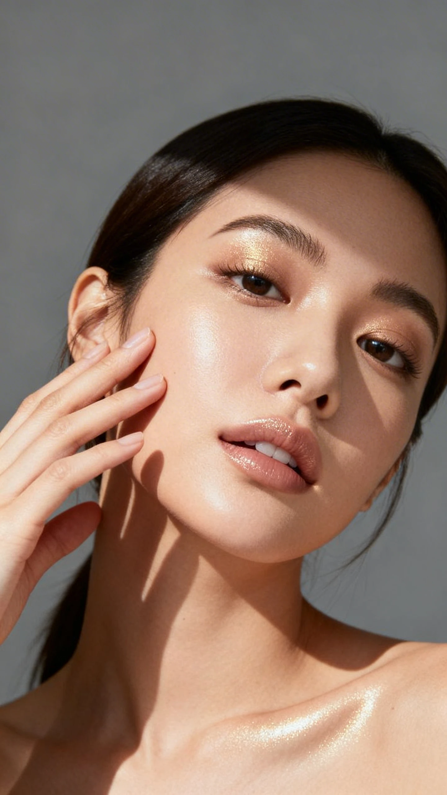 Studio beauty shot of a woman with barely-there chrome—natural base kissed with champagne sheen, gray background, soft studio lighting, gentle tilt of head with fingers near cheek catching the light, clean composition, polished look.