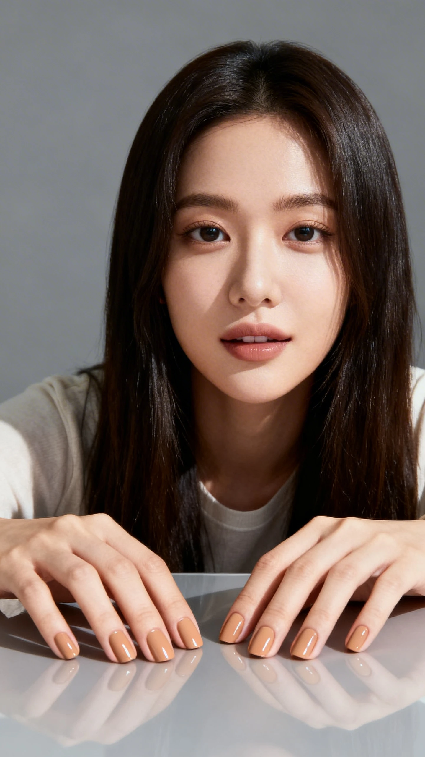 Studio portrait of a woman with camel couture nails—full-cover creamy tan finished in high-gloss, gray background, soft studio lighting, simple frontal pose with hands resting on a sleek surface, clean composition, premium polish detail.