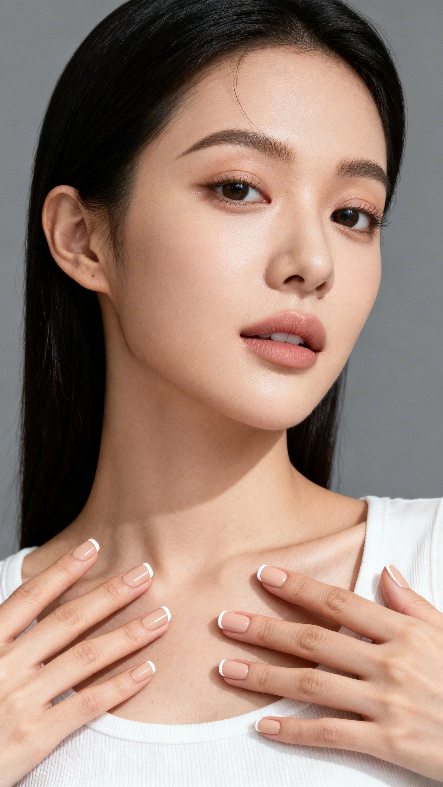 Studio shot of a woman wearing micro French lines—ultra-fine white tips over a creamy beige base, gray background, soft studio lighting, relaxed pose with fingertips lightly touching collarbone, clean composition, magazine-quality detail on nails.
