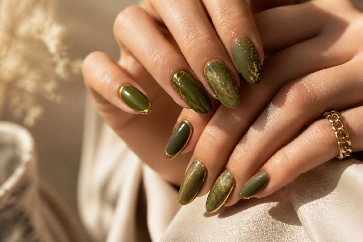 12 Olive Green Nails with Gold Accents That Stand Out: Bold & Chic
