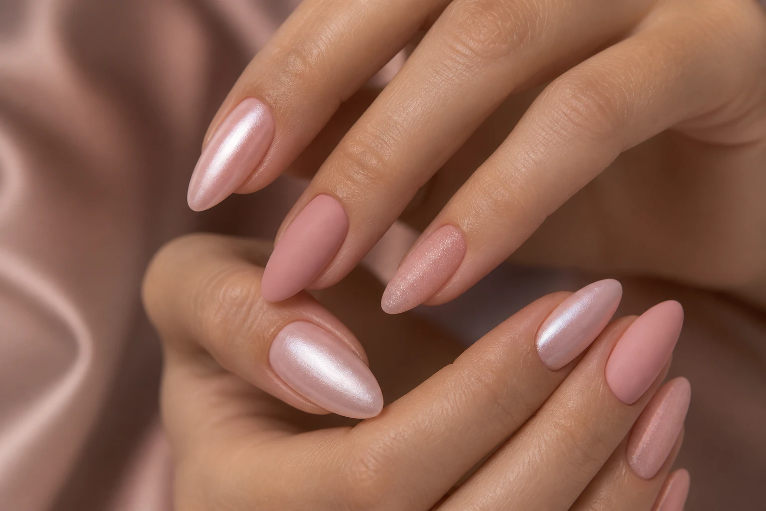 12 Pink Almond Nails for a Soft Feminine Look: Soft Satin & Matte Vibes